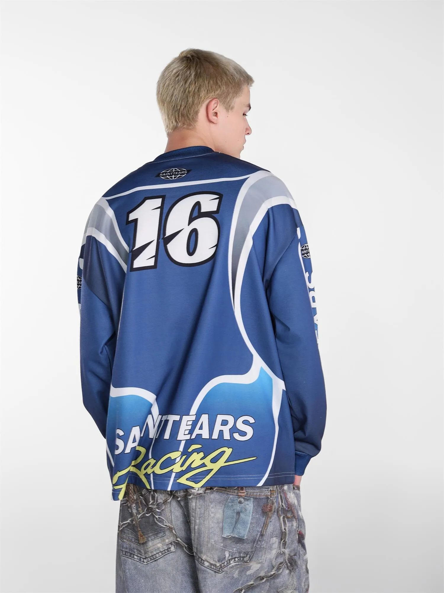 Saint michael tears all-over printed long-sleeved vintage autumn and winter T-shirt Style number: 122 Size: M L XL Wholesale price: 136 Color: blue green